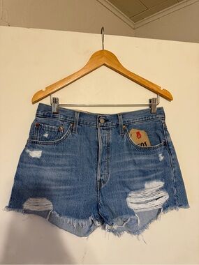 Levi's Distressed High-Waist Denim Shorts - Blue